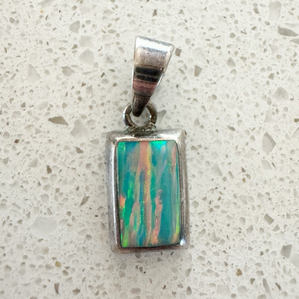 Vintage Mexico 950 Silver Lab Created Opal Pendant Rectangular